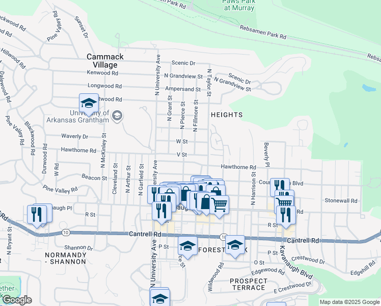 map of restaurants, bars, coffee shops, grocery stores, and more near 2423 North Fillmore Street in Little Rock