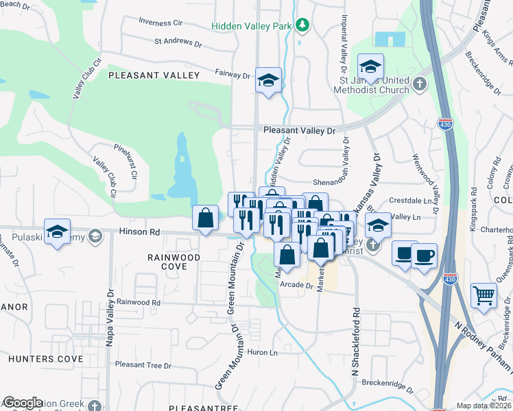 map of restaurants, bars, coffee shops, grocery stores, and more near 2321 North Rodney Parham Road in Little Rock