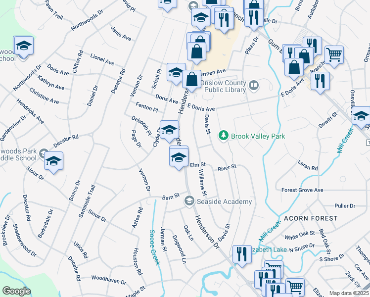 map of restaurants, bars, coffee shops, grocery stores, and more near 708 Henderson Drive in Jacksonville