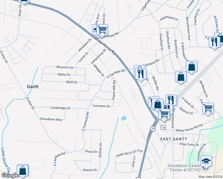 map of restaurants, bars, coffee shops, grocery stores, and more near 5 Paper Mill Road in Greenville