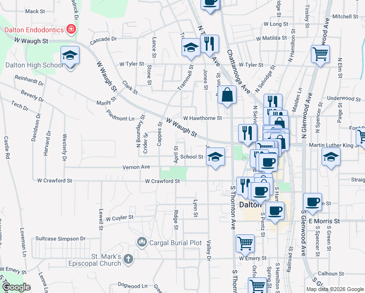 map of restaurants, bars, coffee shops, grocery stores, and more near 315 April Street in Dalton