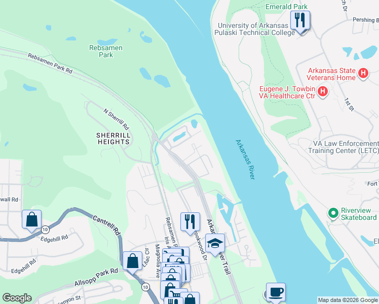 map of restaurants, bars, coffee shops, grocery stores, and more near 2420 Riverfront Drive in Little Rock