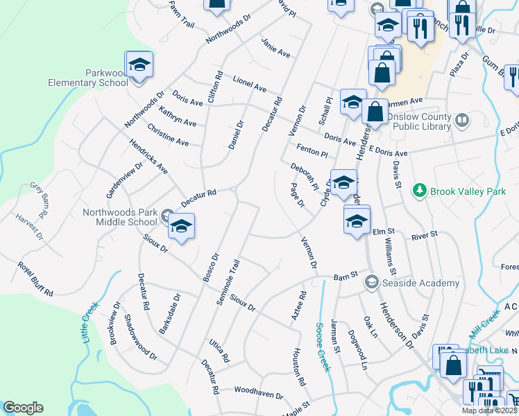 map of restaurants, bars, coffee shops, grocery stores, and more near 798 Seminole Trail in Jacksonville