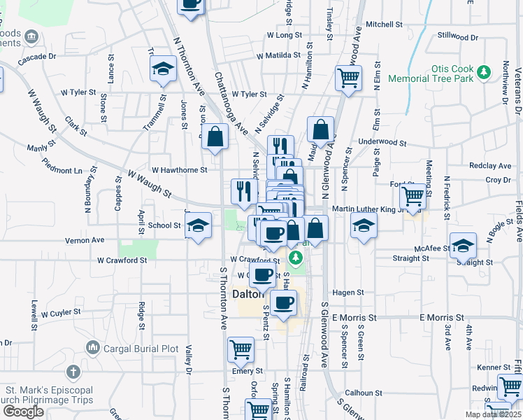 map of restaurants, bars, coffee shops, grocery stores, and more near 110 W Waugh St in Dalton