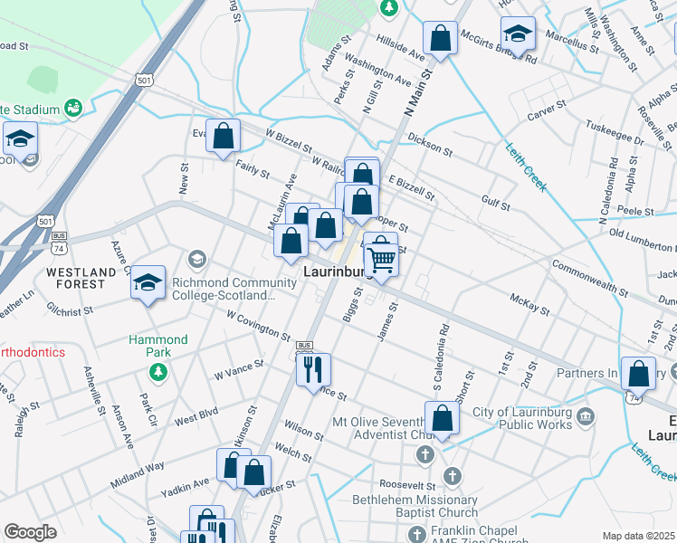 map of restaurants, bars, coffee shops, grocery stores, and more near in Laurinburg