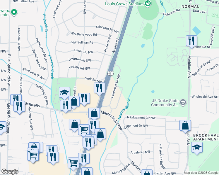 map of restaurants, bars, coffee shops, grocery stores, and more near 3710 Memorial Parkway Northwest in Huntsville
