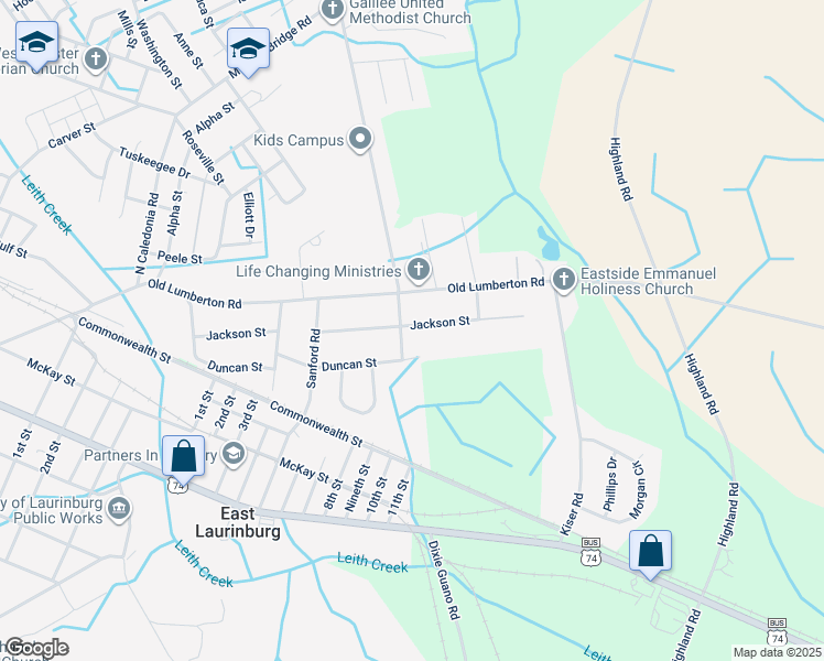 map of restaurants, bars, coffee shops, grocery stores, and more near 208 Produce Market Road in Laurinburg