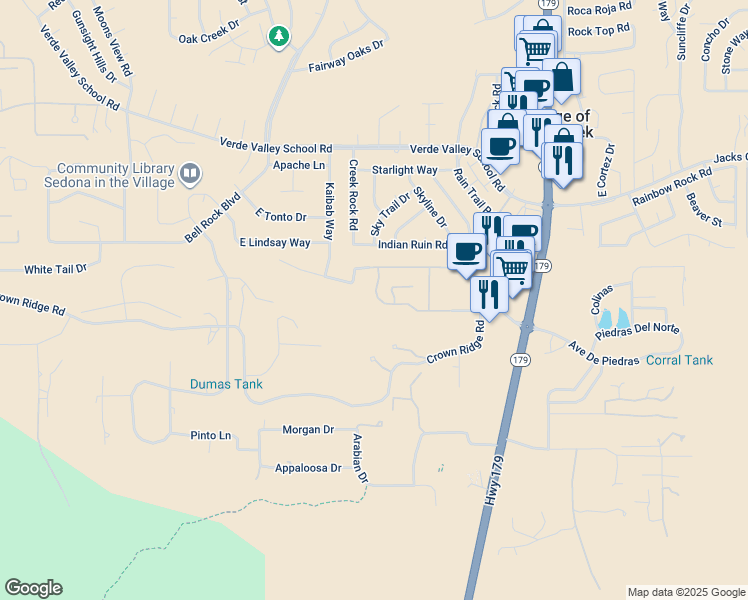 map of restaurants, bars, coffee shops, grocery stores, and more near 200 Ridge Rock Road in Sedona