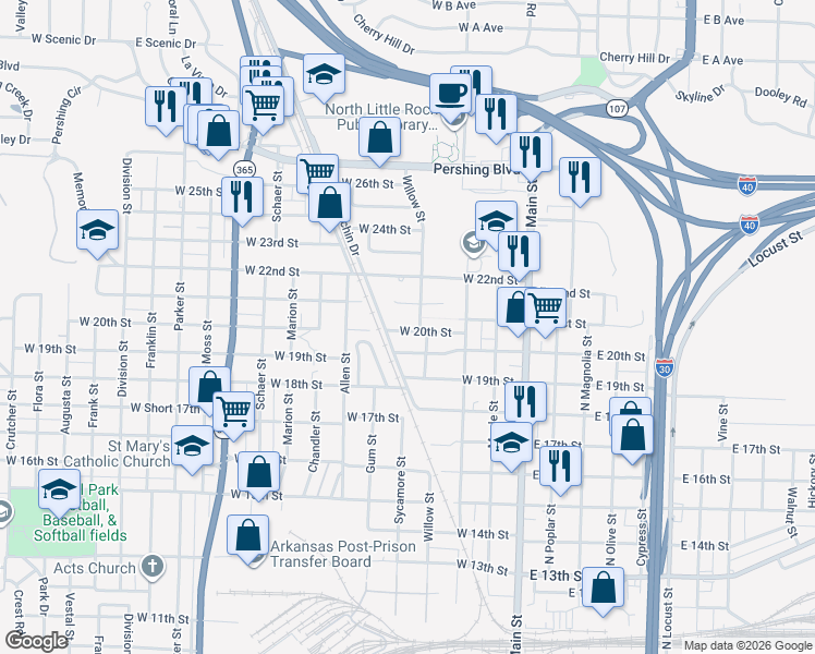 map of restaurants, bars, coffee shops, grocery stores, and more near 330 West 21st Street in North Little Rock
