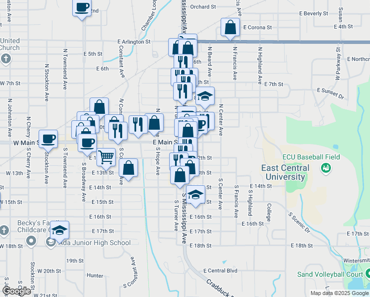 map of restaurants, bars, coffee shops, grocery stores, and more near 601-699 East Main Street in Ada