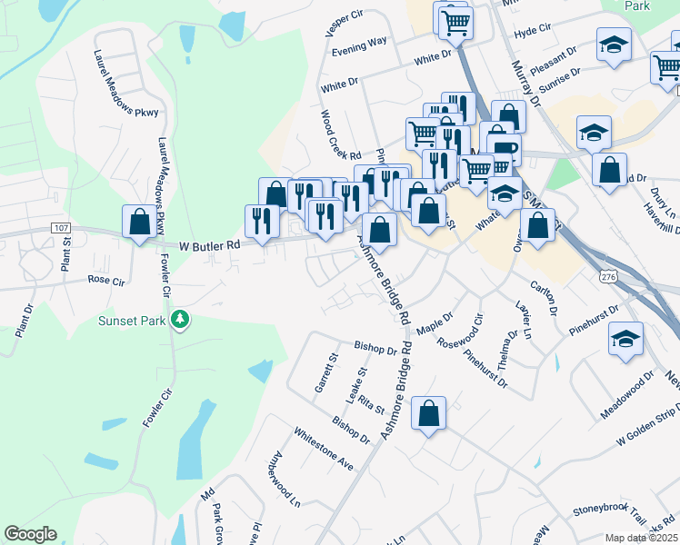 map of restaurants, bars, coffee shops, grocery stores, and more near Cranberry Hill Circle in Mauldin