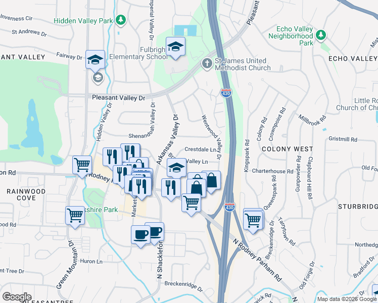 map of restaurants, bars, coffee shops, grocery stores, and more near 10808 Crestdale Lane in Little Rock