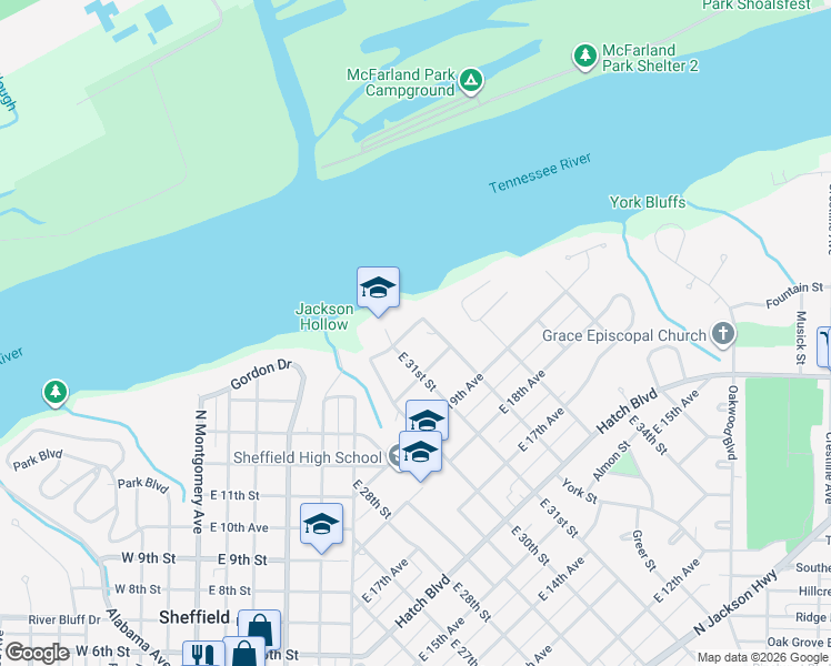 map of restaurants, bars, coffee shops, grocery stores, and more near 2001-2199 East 32nd Street in Sheffield