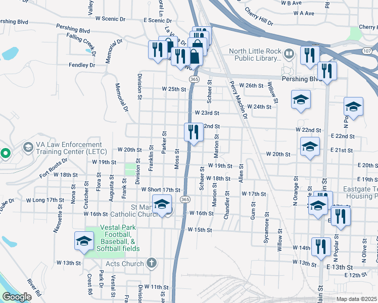 map of restaurants, bars, coffee shops, grocery stores, and more near 1101 West 20th Street in North Little Rock