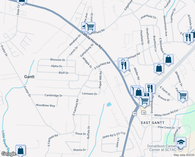 map of restaurants, bars, coffee shops, grocery stores, and more near 5 Paper Mill Road in Greenville