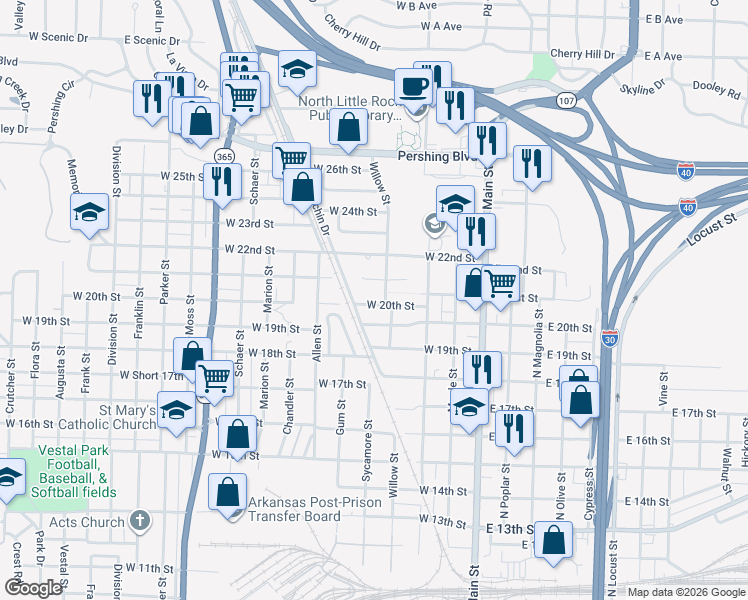 map of restaurants, bars, coffee shops, grocery stores, and more near 330 West 21st Street in North Little Rock