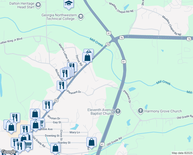 map of restaurants, bars, coffee shops, grocery stores, and more near 119 Rosedale Drive in Dalton