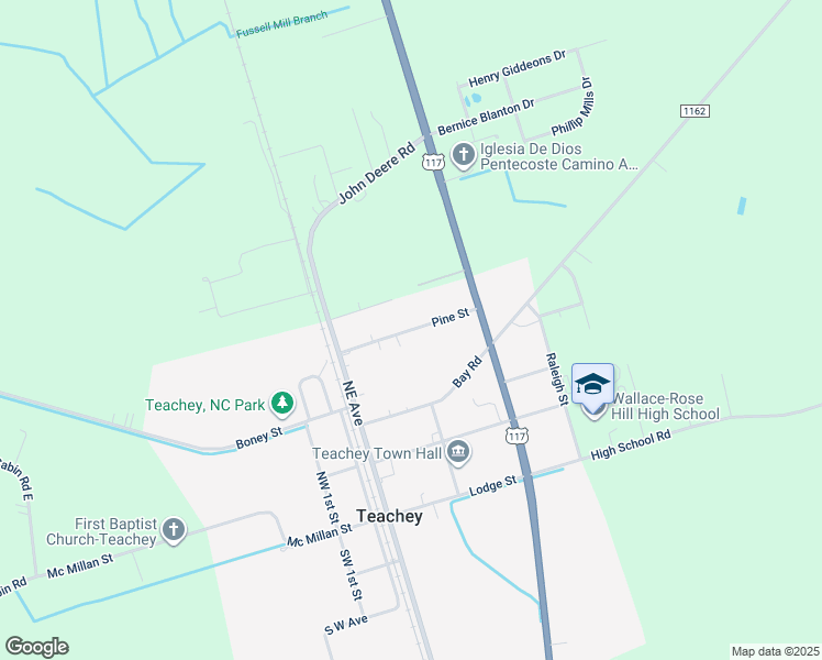 map of restaurants, bars, coffee shops, grocery stores, and more near Pine Street in Teachey
