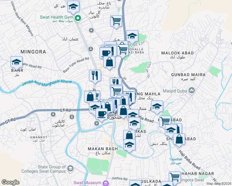 map of restaurants, bars, coffee shops, grocery stores, and more near Main Bazar in Mingora