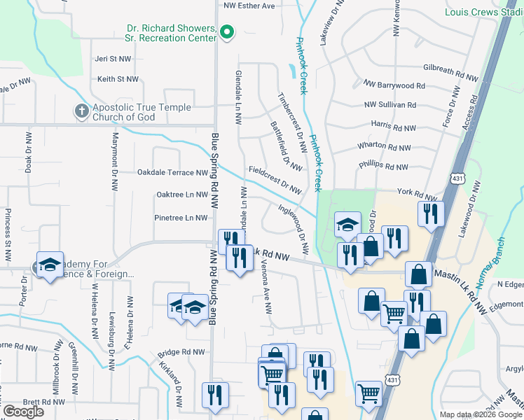 map of restaurants, bars, coffee shops, grocery stores, and more near 3617 Inglewood Drive Northwest in Huntsville
