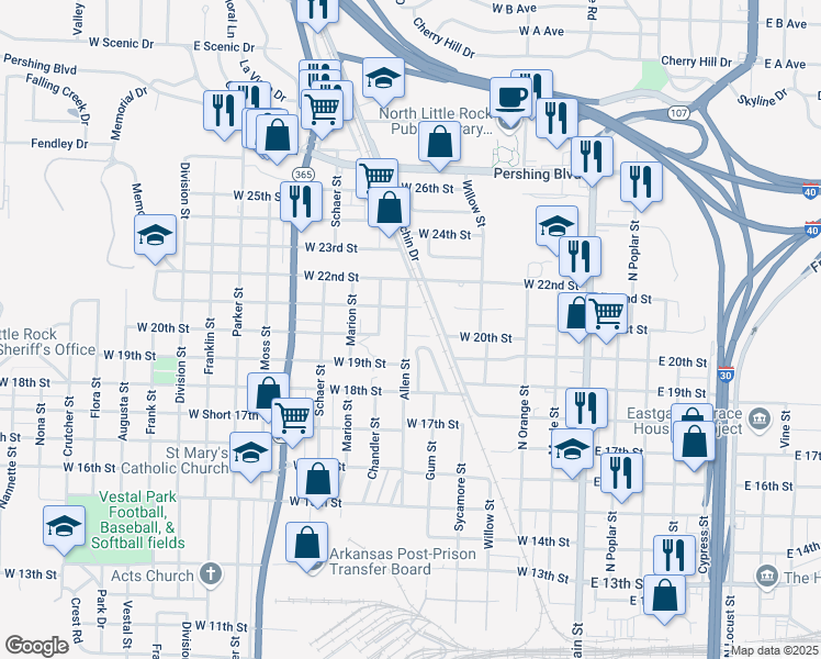 map of restaurants, bars, coffee shops, grocery stores, and more near 2020 Allen Street in North Little Rock