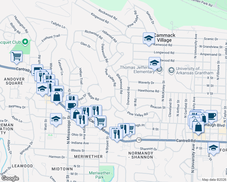 map of restaurants, bars, coffee shops, grocery stores, and more near 1000 Pine Valley Road in Little Rock
