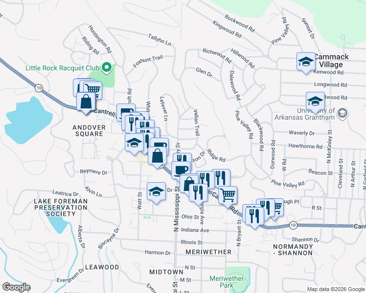 map of restaurants, bars, coffee shops, grocery stores, and more near 21 White Oak Lane in Little Rock