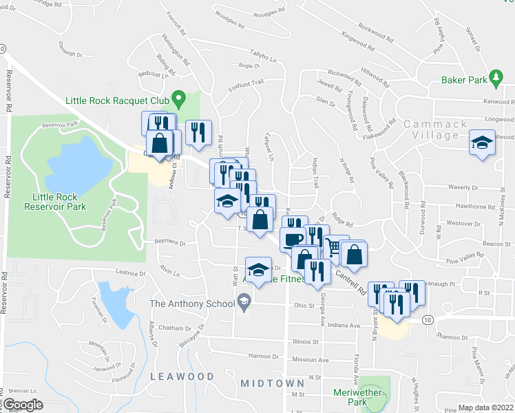 map of restaurants, bars, coffee shops, grocery stores, and more near 45 White Oak Lane in Little Rock