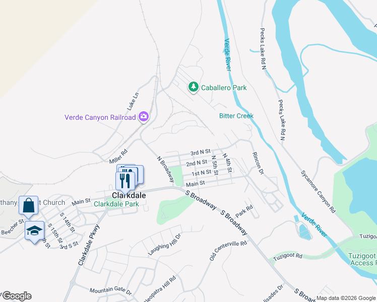 map of restaurants, bars, coffee shops, grocery stores, and more near 604 3rd North Street in Clarkdale