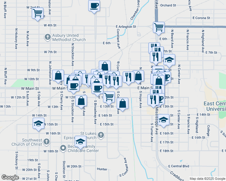 map of restaurants, bars, coffee shops, grocery stores, and more near 211 East Main in Ada