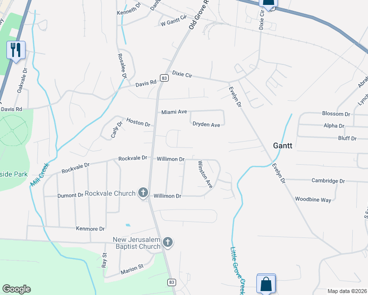 map of restaurants, bars, coffee shops, grocery stores, and more near 205 Willimon Drive in Piedmont