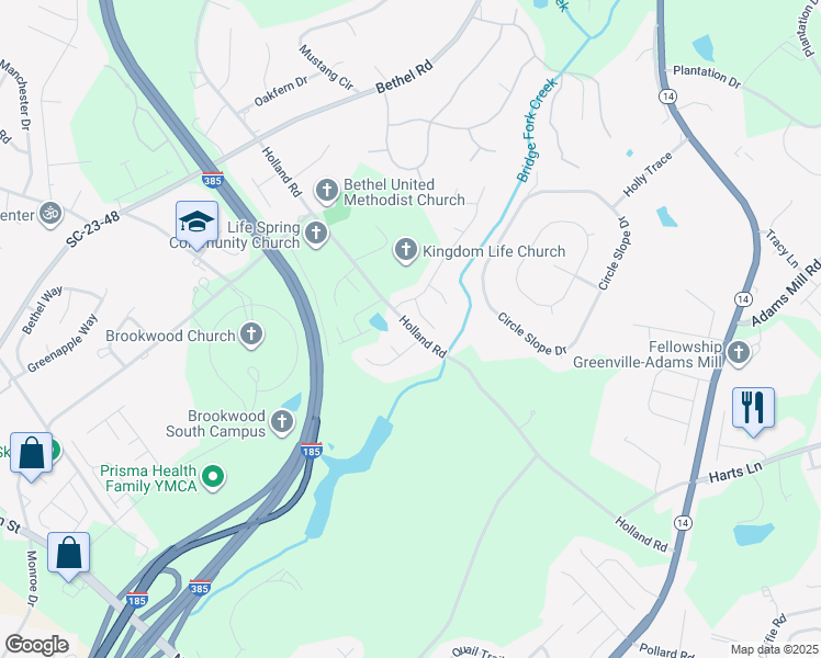 map of restaurants, bars, coffee shops, grocery stores, and more near 1190 Holland Road in Simpsonville