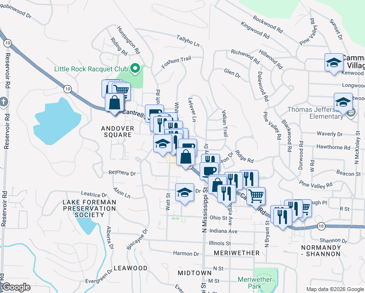 map of restaurants, bars, coffee shops, grocery stores, and more near 7700 Indian Trail in Little Rock