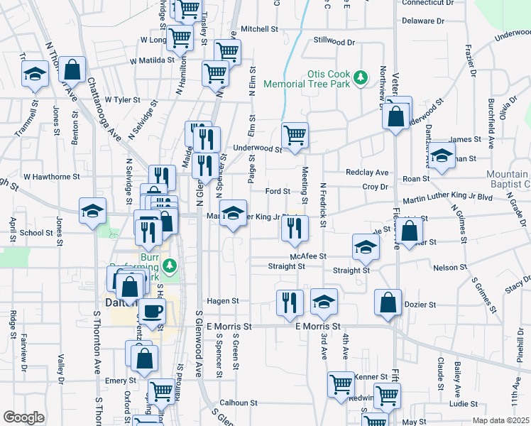map of restaurants, bars, coffee shops, grocery stores, and more near 305 Water Street in Dalton