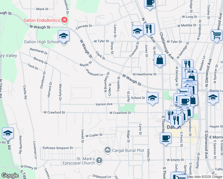 map of restaurants, bars, coffee shops, grocery stores, and more near 321 Crider Street in Dalton