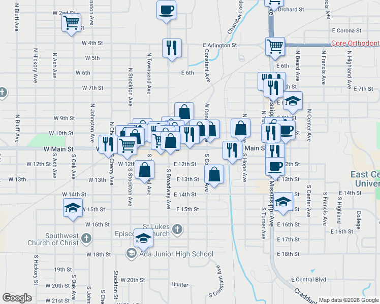 map of restaurants, bars, coffee shops, grocery stores, and more near 211 East Main in Ada