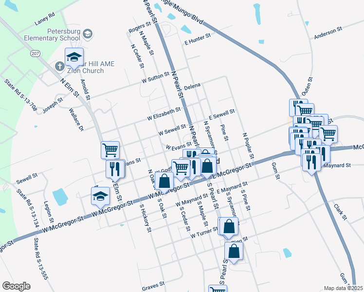 map of restaurants, bars, coffee shops, grocery stores, and more near 303 North Maple Street in Pageland