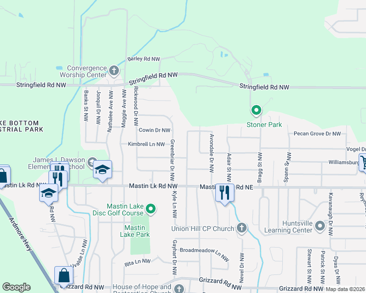 map of restaurants, bars, coffee shops, grocery stores, and more near 3525 Rosedale Drive Northwest in Huntsville