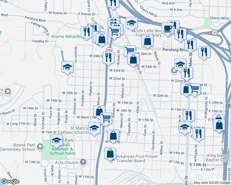 map of restaurants, bars, coffee shops, grocery stores, and more near 813 West 20th Street in North Little Rock