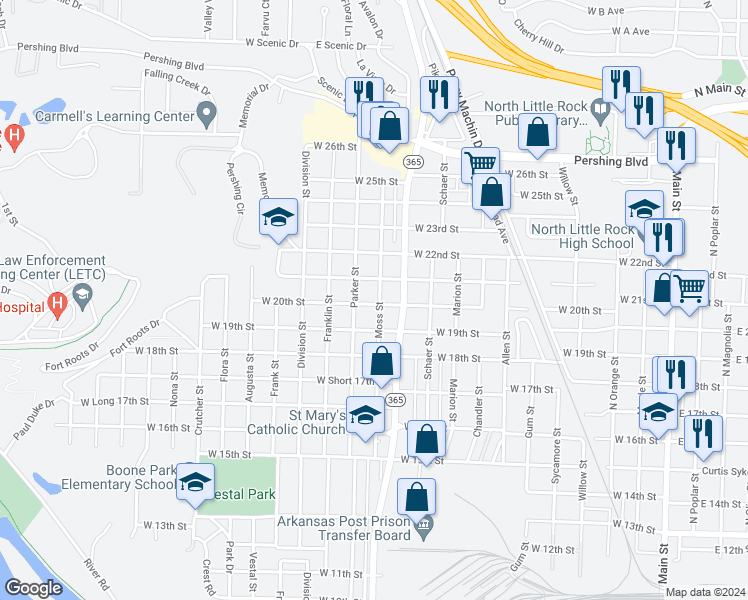 map of restaurants, bars, coffee shops, grocery stores, and more near 2003 Moss Street in North Little Rock