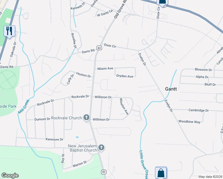 map of restaurants, bars, coffee shops, grocery stores, and more near 205 Willimon Drive in Piedmont
