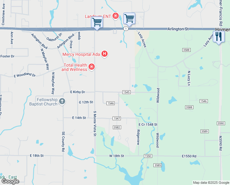 map of restaurants, bars, coffee shops, grocery stores, and more near 18161 County Road 1545 in Ada