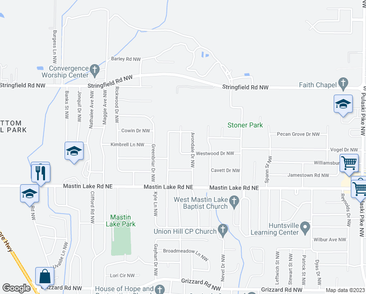 map of restaurants, bars, coffee shops, grocery stores, and more near 4912 Westwood Drive Northwest in Huntsville