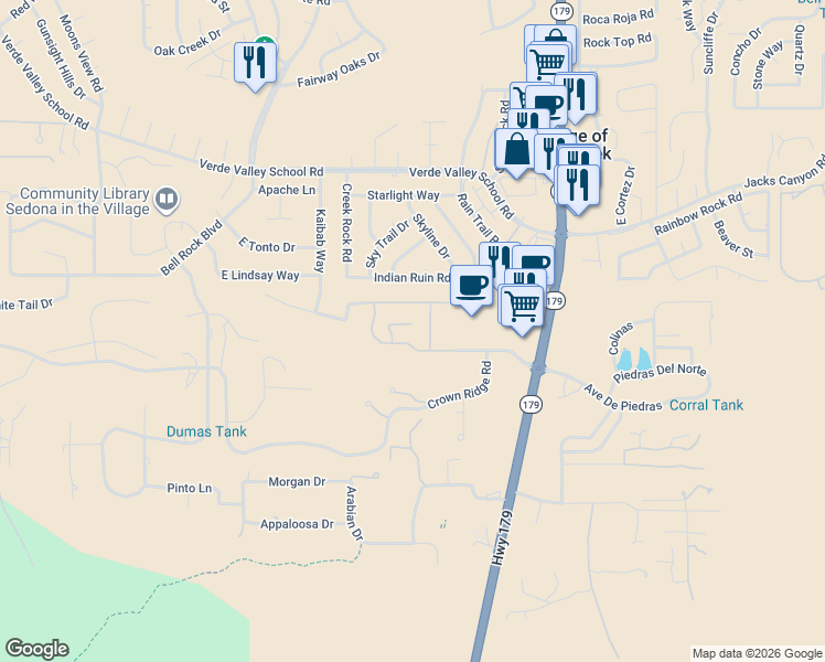 map of restaurants, bars, coffee shops, grocery stores, and more near 29 Rim Trail Circle in Sedona