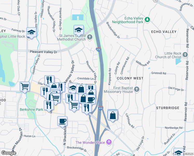 map of restaurants, bars, coffee shops, grocery stores, and more near 2221 Wentwood Valley Drive in Little Rock