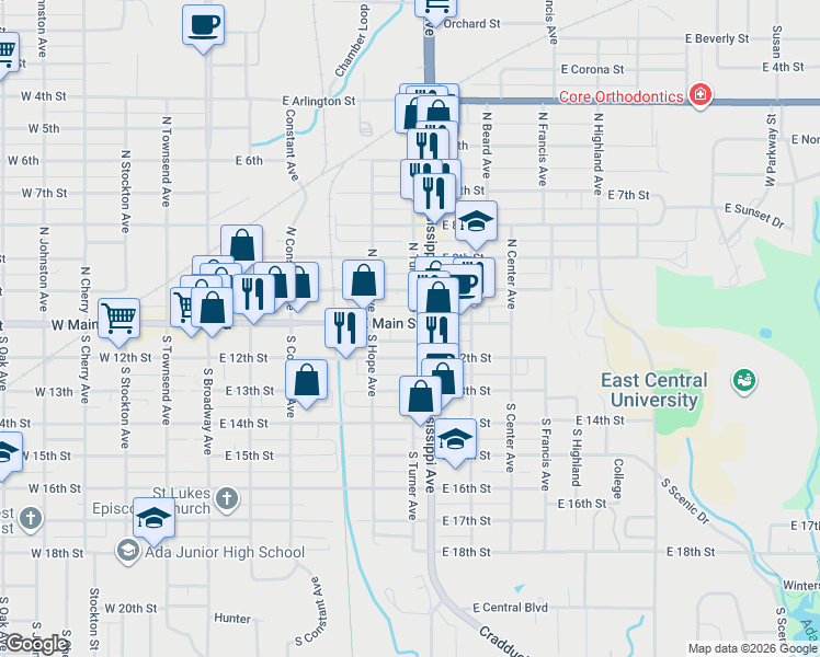 map of restaurants, bars, coffee shops, grocery stores, and more near 601 East Main Street in Ada