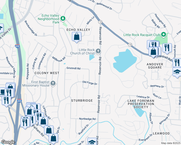 map of restaurants, bars, coffee shops, grocery stores, and more near 2622 Grist Mill Road in Little Rock