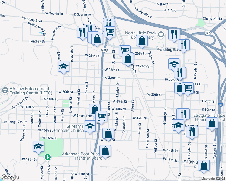 map of restaurants, bars, coffee shops, grocery stores, and more near 813 West 20th Street in North Little Rock
