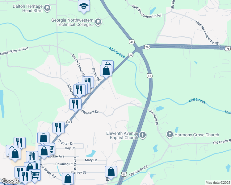 map of restaurants, bars, coffee shops, grocery stores, and more near 119 Rosedale Drive in Dalton