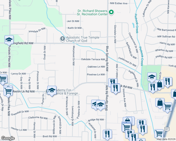 map of restaurants, bars, coffee shops, grocery stores, and more near 2723 Oaktree Lane Northwest in Huntsville